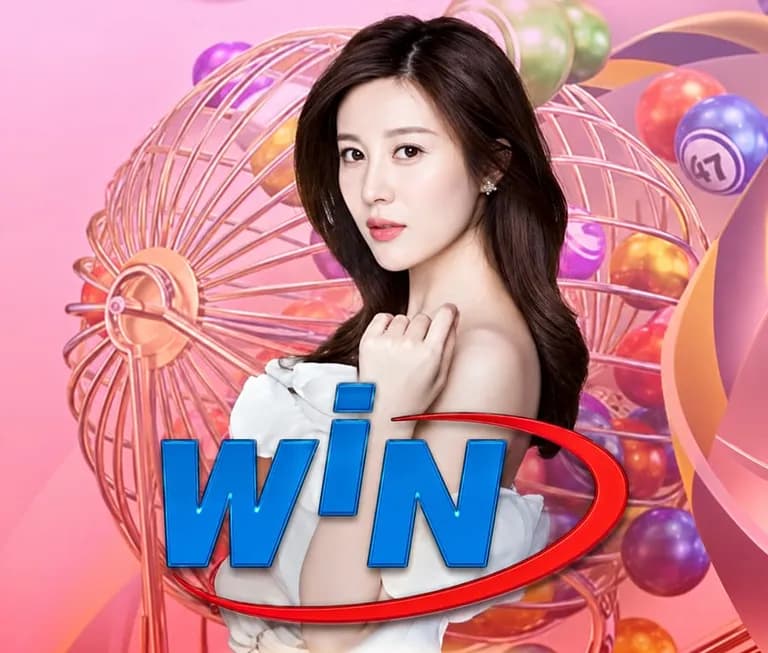 Jubin 28Win: seorang wanita di sebelah mesin bola loteri, di atas logo WIN