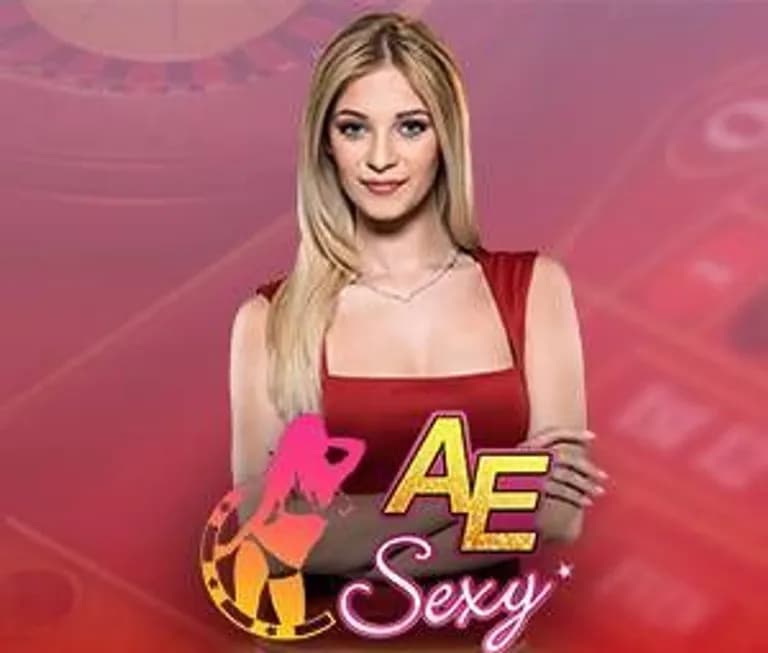 Jubin AE Sexy: seorang wanita berbaju merah berpeluk tubuh, di sebelah logo AE Sexy