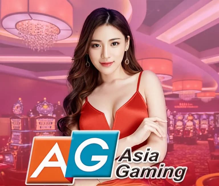 Jubin AG Asia Gaming: seorang wanita berbaju merah di dalam kasino, di sebelah logo AG Asia Gaming