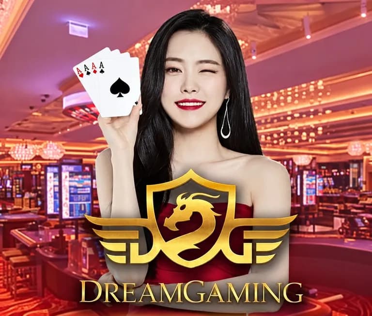 Jubin Dream Gaming: seorang wanita memegang daun terup yang dikembangkan, di atas logo Dream Gaming