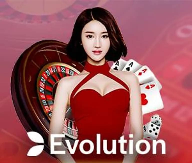 Jubin Evolution: seorang wanita berbaju merah di sebelah roda rolet, daun terup dan dadu, di atas logo Evolution