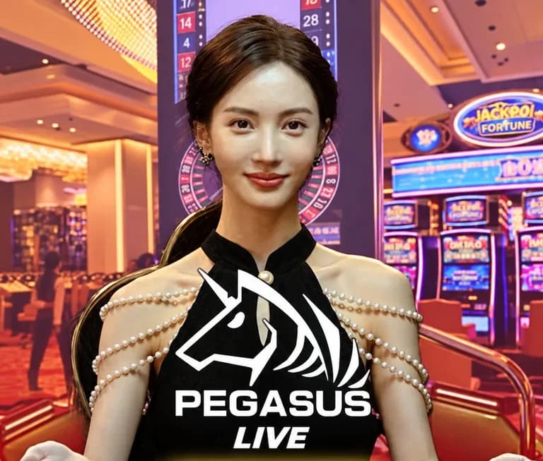 Jubin Pegasus Live: seorang dealer berpakaian hitam, di atas logo PEGASUS LIVE
