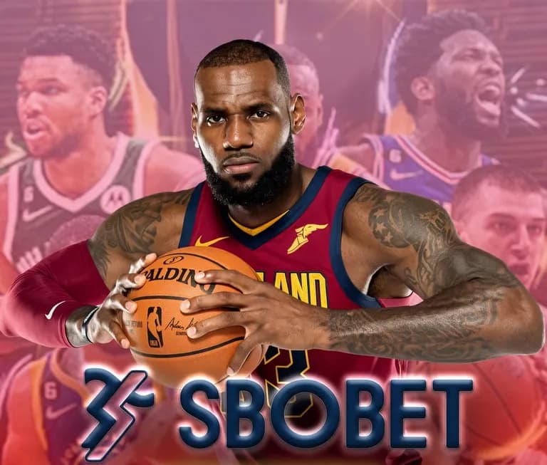 Jubin SBOBET: seorang pemain bola keranjang memegang bola, di atas logo SBOBET