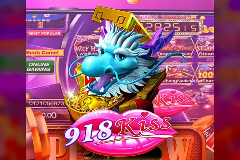 Jubin permainan 918KISS: seekor naga biru di atas jongkong emas, di atas logo 918Kiss