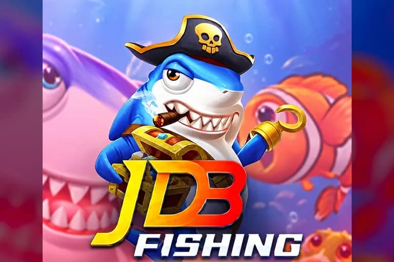 Jubin permainan JDB Fishing: seekor jerung kartun bertopi lanun memegang peti harta karun, di atas logo JDB FISHING