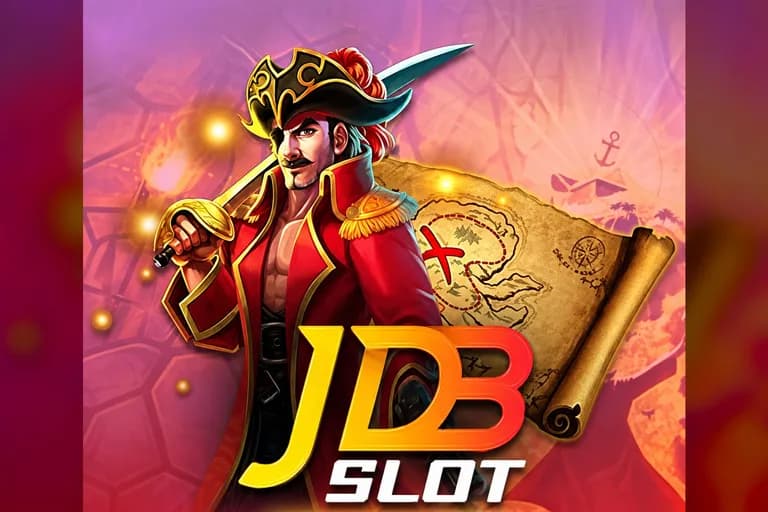 Jubin permainan JDB Slot: seorang kapten lanun dengan peta harta karun, di atas logo JDB SLOT