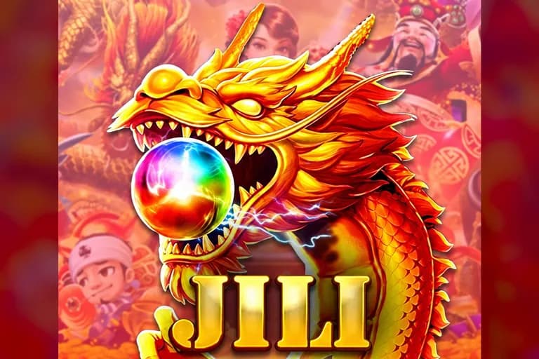 Jubin permainan JILI: seekor naga emas memegang mutiara bercahaya, di atas logo JILI
