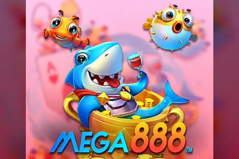 Jubin permainan Mega888: seekor jerung kartun dan dua ikan buntal, di atas logo MEGA888