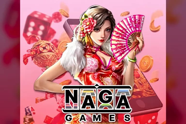 Jubin permainan Naga Games: seorang wanita berbaju merah memegang kipas, di atas logo NAGA GAMES