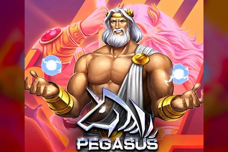 Jubin permainan Pegasus: seorang dewa berjanggut memegang bebola bercahaya, di atas logo PEGASUS