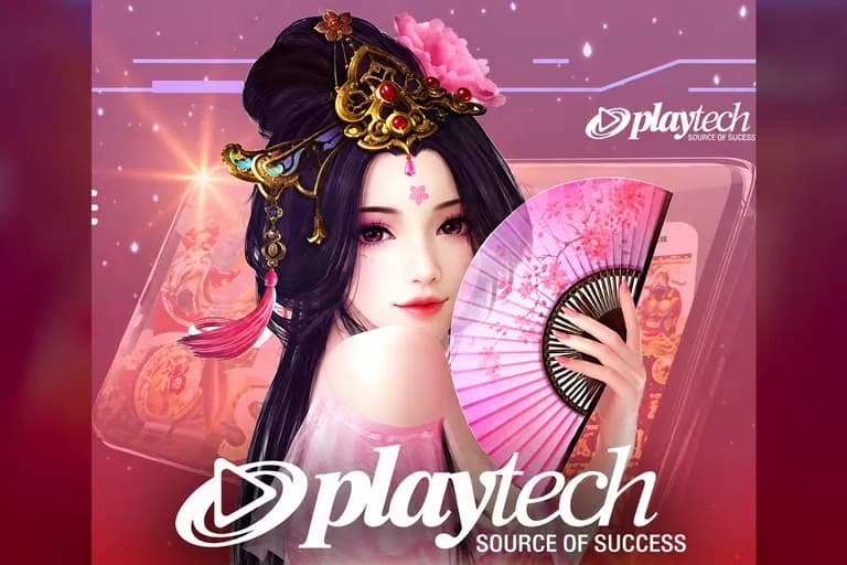 Jubin permainan Playtech: ilustrasi seorang wanita berpakaian tradisional memegang kipas, di sebelah logo Playtech