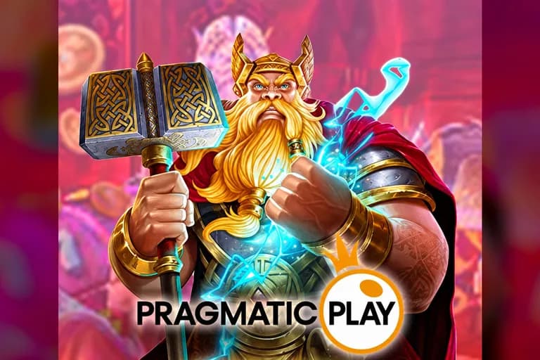 Jubin permainan Pragmatic Play: seorang pahlawan berjanggut memegang tukul, di sebelah logo PRAGMATIC PLAY