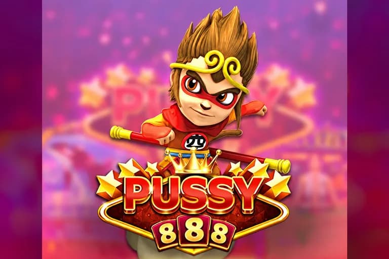 Jubin permainan Pussy888: raja monyet kartun memegang tongkat, di atas logo PUSSY888