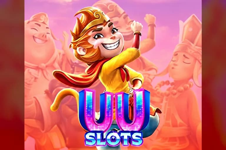 Jubin permainan UU Slots: seekor monyet kartun bertopi keledar emas, di atas logo UU SLOTS