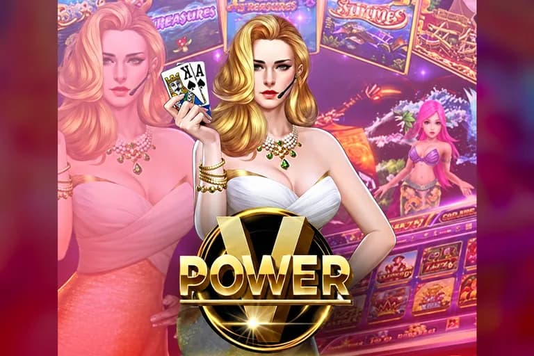 Jubin permainan VPower: seorang wanita memegang daun terup, di atas logo VPOWER