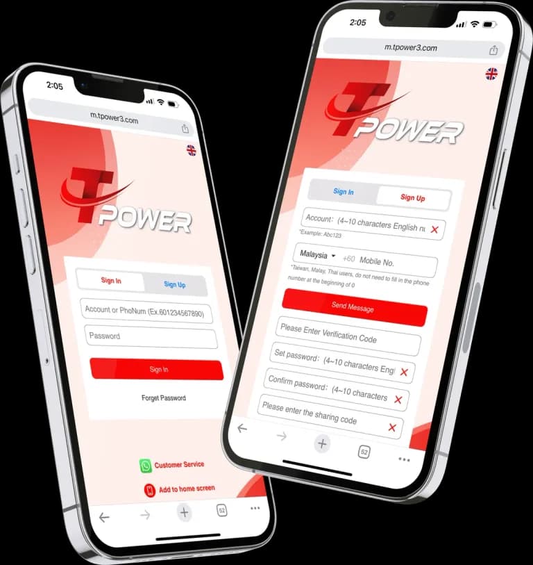 Dua telefon memaparkan skrin log masuk dan pendaftaran TPOWER