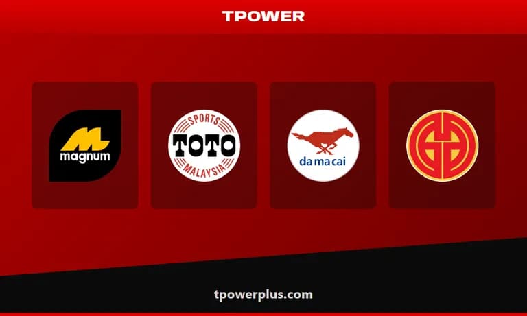 Grafik TPOWER: logo Magnum, Sports Toto, Da Ma Cai dan Grand Dragon Lotto dalam satu baris
