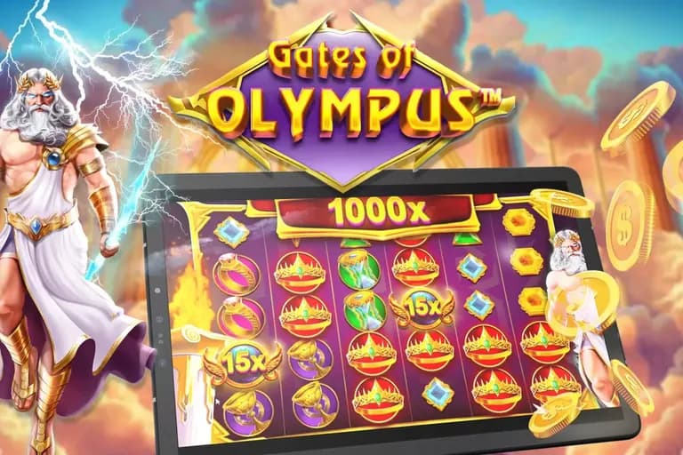 Gates of Olympus oleh Pragmatic Play: Zeus di sebelah tablet yang memaparkan gulungan permainan itu